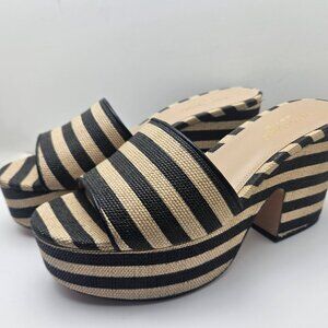 Kate Spade New York Ibiza Raffia Black Sand Striped Platform Mules Sz 9 w/ Box
